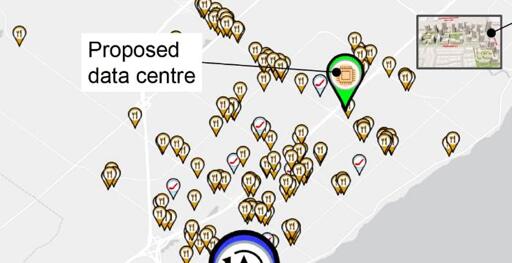 street map with a large label on it that says "proposed data centre"