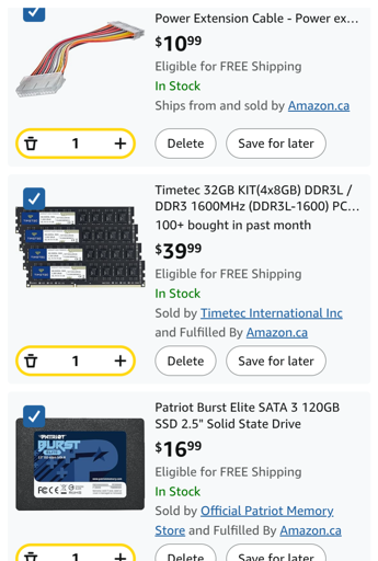 Screen capture of an Amazon Canada shopping cart showing an ATX power extension cable for $10.99, a 32GB DDR3 memory kit for $39.99 and a 120GB SSD for $16.99.